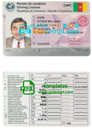 Cameroon driving license template in PSD format, fully editable