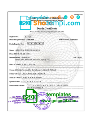 Bangladesh Death certificate template in PSD format, fully editable