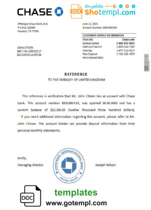 USA Chase bank account balance reference letter template in Word and PDF format