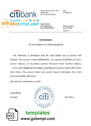 USA Citibank bank account balance reference letter template in Word and PDF format