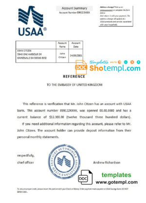 USA USAA bank account balance reference letter template in Word and PDF format