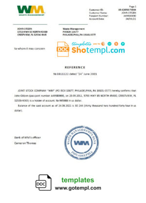 USA WM bank account balance reference letter template in Word and PDF format