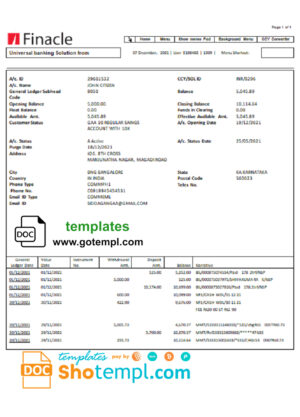 India Finacle bank statement easy to fill template in Word and PDF format