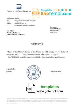 San Marino Banca di San Marino bank account balance reference letter template in Word and PDF format