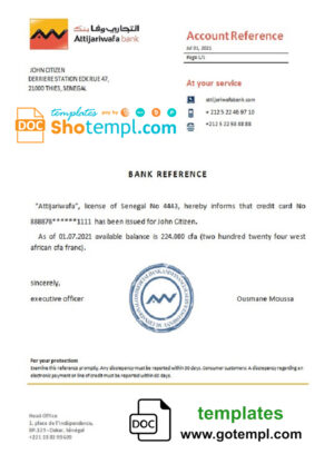 Senegal Attijariwafa bank account balance reference letter template in Word and PDF format