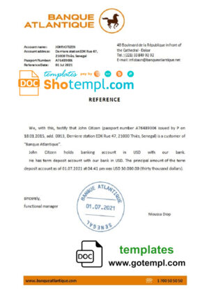 Senegal Banque Atlantique bank account balance reference letter template in Word and PDF format