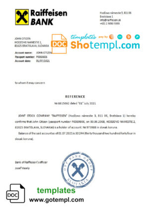 Slovakia Raiffeisen bank account balance reference letter template in Word and PDF format