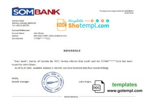 Somalia Sombank bank account balance reference letter template in Word and PDF format
