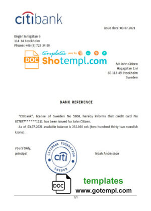 Sweden Citibank bank account balance reference letter template in Word and PDF format