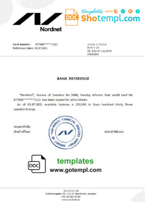 Sweden Nordnet bank account balance reference letter template in Word and PDF format