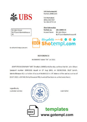 Switzerland UBS bank account balance reference letter template in Word and PDF format