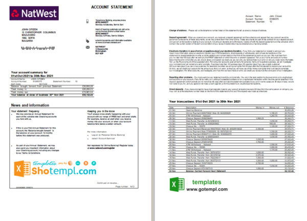 United Kingdom NatWest bank account statement template in Excel and PDF format, 2 pages