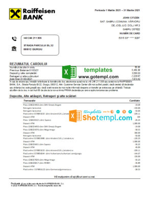 Romania Raiffeisen bank statement template in Excel and PDF format (in Romanian language)