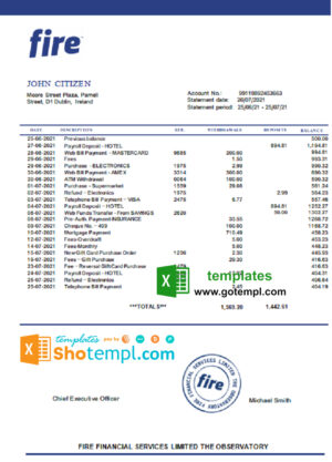 Ireland Fire Financial Services Limited account statement template in Excel and PDF format