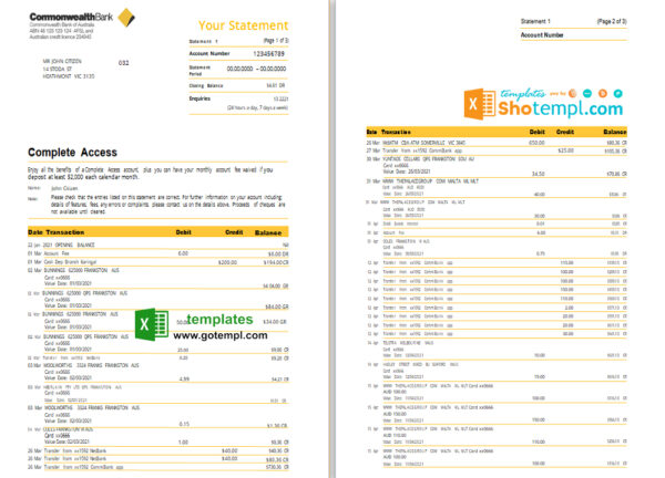 Australia Commonwealth bank statement template in Excel and PDF format (3 pages), version 2