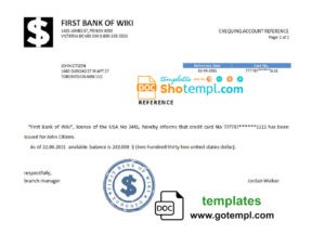 USA First Bank of Wiki bank account balance reference letter template in Word and PDF format