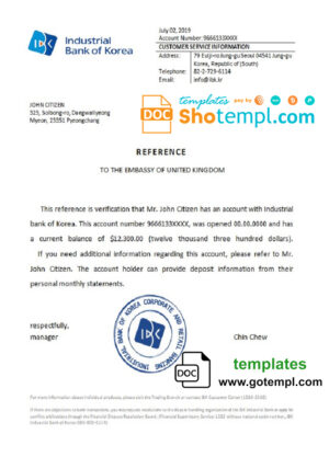 Korea Industrial Bank of Korea bank account balance reference letter template in Word and PDF format