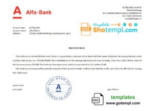 Russia Alfa Bank bank account balance reference letter template in Word and PDF format