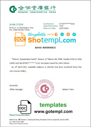 Taiwan Cooperative Bank account balance reference letter template in Word and PDF format