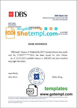 Thailand DBS bank account balance reference account reference letter template in Word and PDF format