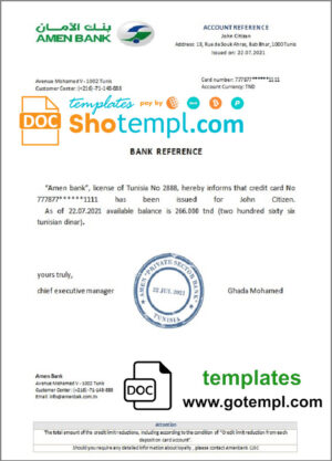Tunisia Amen bank account balance reference letter template in Word and PDF format