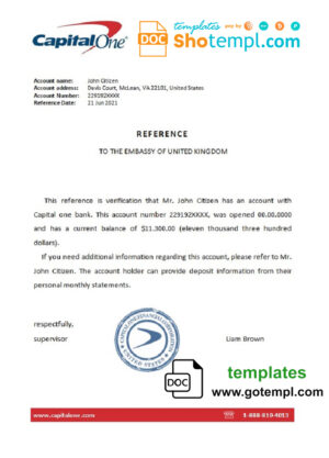 USA Capital One bank account balance reference letter template in Word and PDF format