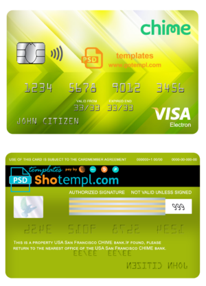 USA San Francisco CHIME bank visa electron card fully editable template in PSD format