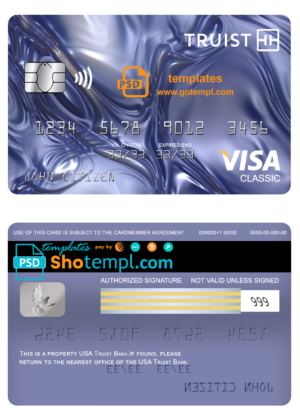 USA Truist Bank visa classic card, fully editable template in PSD format