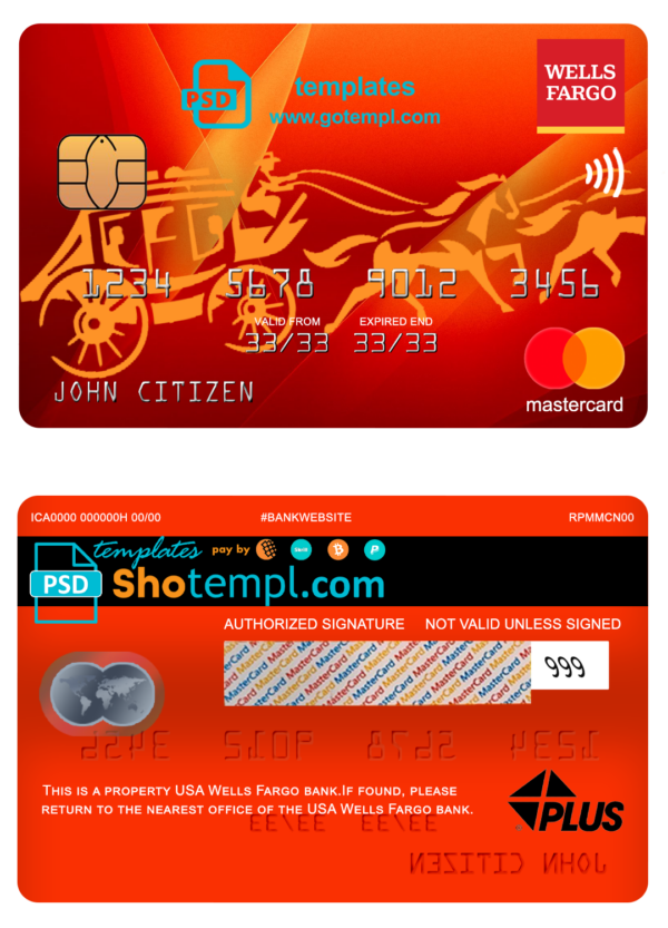 USA Wells Fargo bank mastercard, fully editable template in PSD format