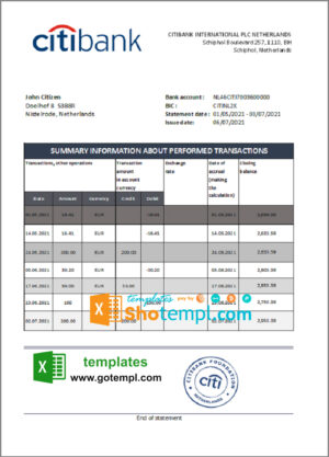 Netherlands Citibank bank statement template in .xls and .pdf file format
