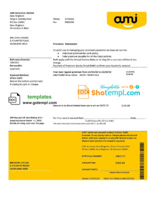 New Zealand Ami Insurance Limited bank statement template in Word and PDF format