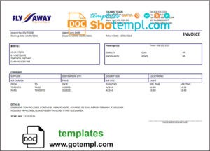 USA Fly Away Travel agency invoice template in Word and PDF format, fully editable