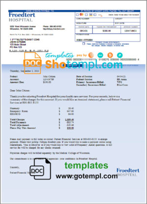 USA Froedtert Hospital invoice template in Word and PDF format, fully editable