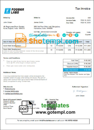India Foobar Labs Information Technology Company invoice template in Word and PDF format, fully editable, version 1