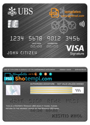 Monaco UBS bank visa signature card, fully editable template in PSD format