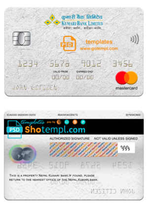 Nepal Kumari bank mastercard, fully editable template in PSD format