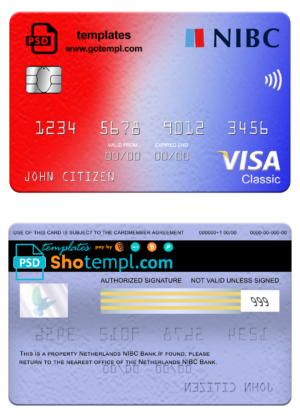 Netherlands NIBC bank visa classic card, fully editable template in PSD format