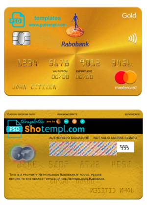 Netherlands Rabobank mastercard gold, fully editable template in PSD format