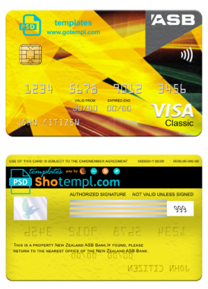 New Zealand ASB bank visa classic card, fully editable template in PSD format