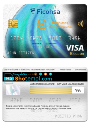 Nicaragua Banco Ficohsa bank visa electron card, fully editable template in PSD format
