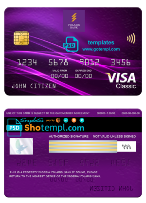 Nigeria Polaris bank visa classic card, fully editable template in PSD format