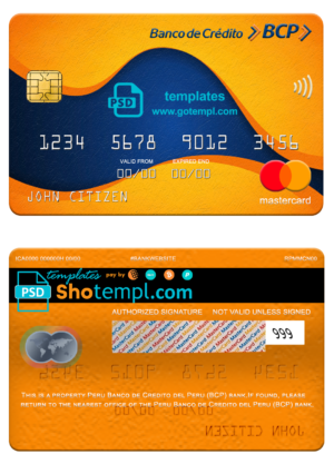 Peru Banco de Credito del Peru (BCP) bank mastercard, fully editable template in PSD format