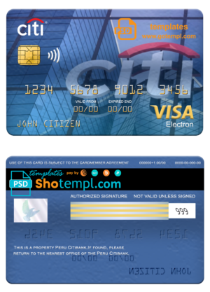 Peru Citibank visa electron card, fully editable template in PSD format