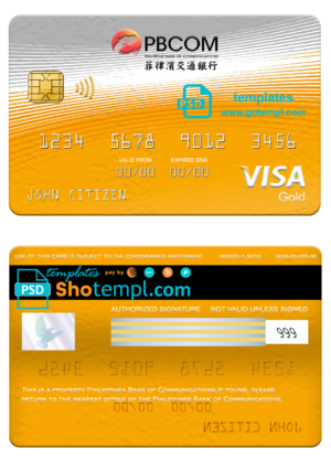 Philippines bank of Communications visa gold card, fully editable template in PSD format