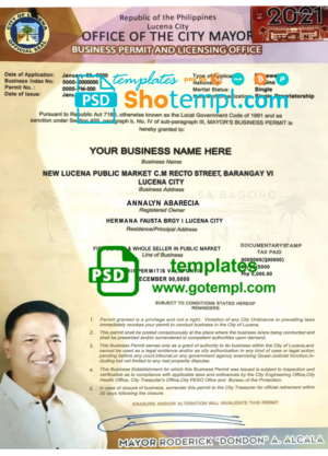 Philippines City of Lucena private entrepreneur certificate template in PSD format