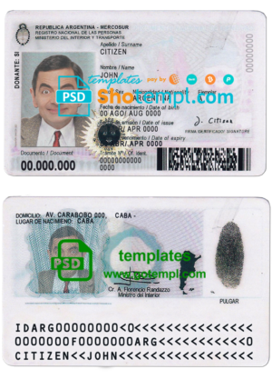 Argentina ID card template in PSD format, fully editable, with all fonts, 2020 – present