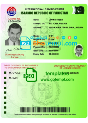 Pakistan international driving permit template in PSD format, fully editable