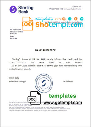 United Kingdom Starling bank account balance reference letter template in Word and PDF format