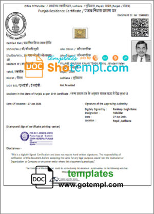 India Government of Punjab Residence Certificate template in Word and PDF format