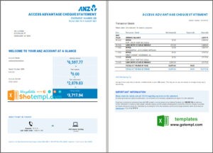 Australia ANZ proof of address bank statement template in .xls and .pdf format, 2 pages